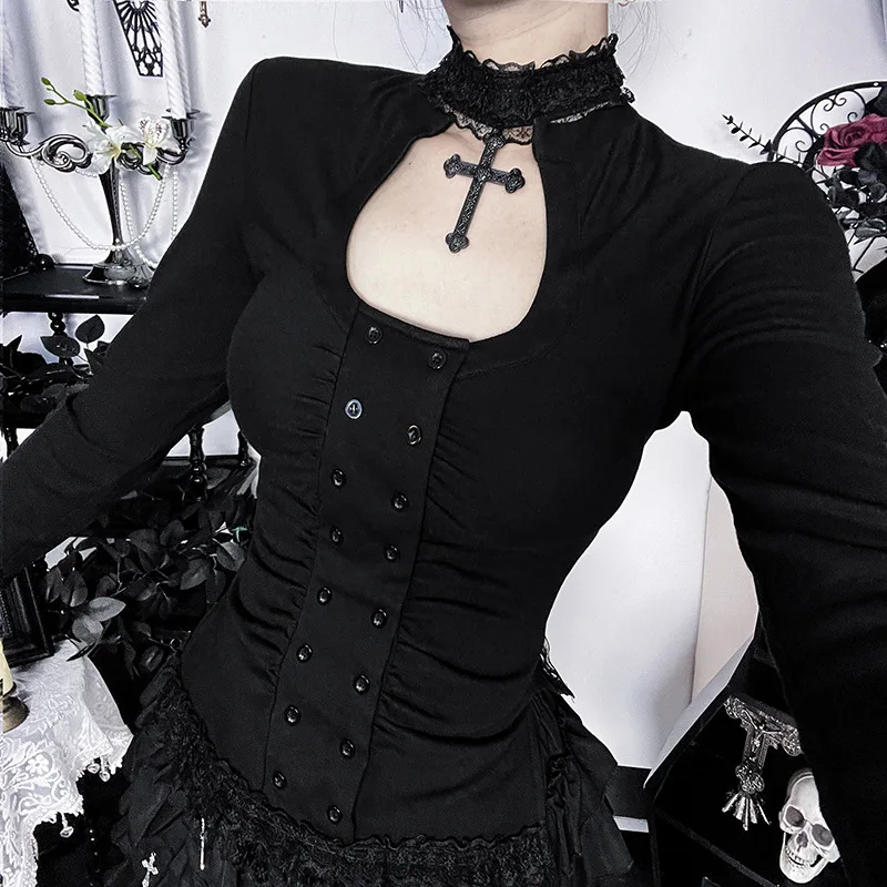 

Осенняя французская элегантная готическая футболка Хепберн, женская двубортная декоративная пуловер с круглым вырезом и длинными рукавами, топ Y2K, рубашка в стиле ретро