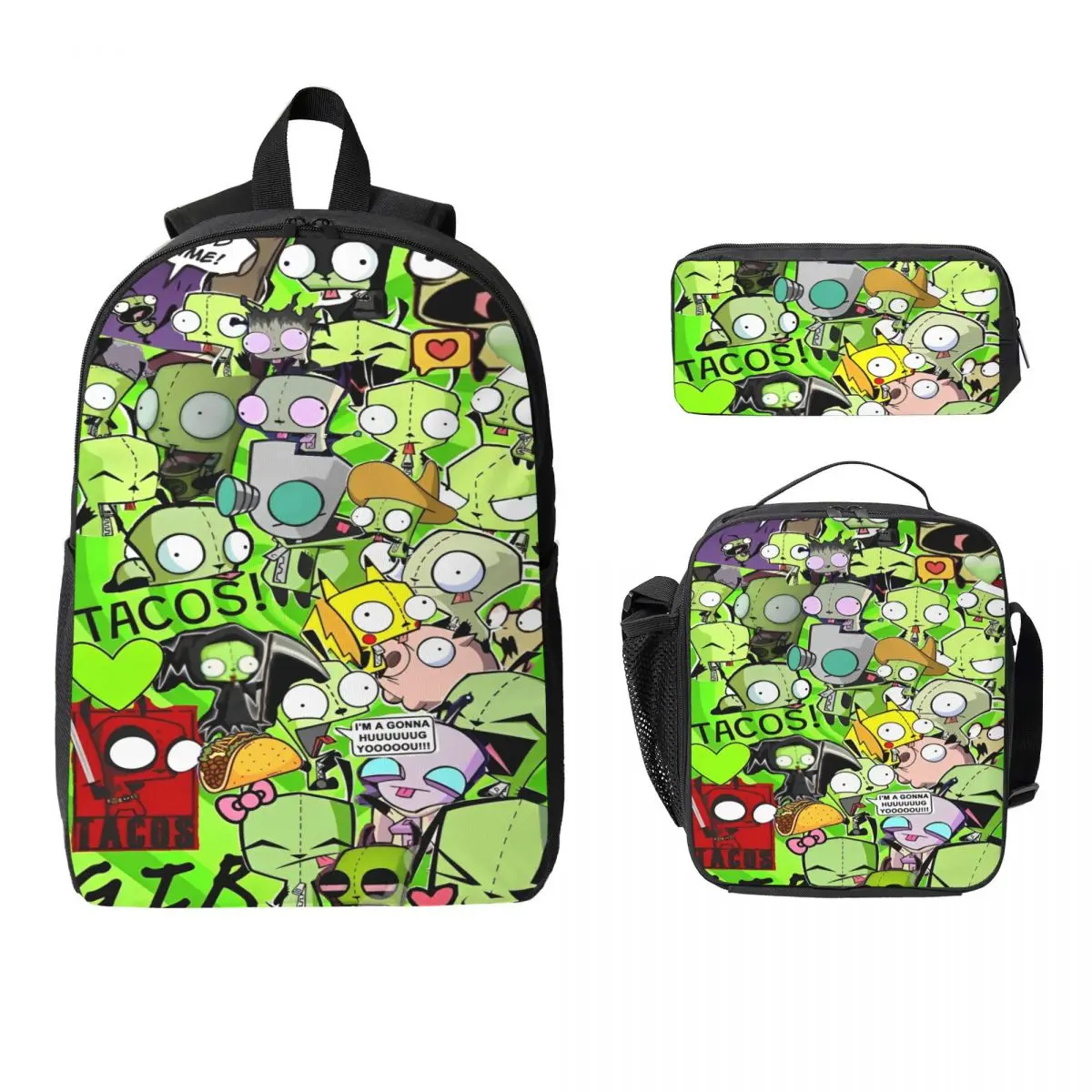 

3 шт., набор рюкзаков в стиле аниме Invader Zim для девочек и мальчиков, пеналы, наборы сумок для книг с коробкой для завтрака для школьников, рюкзак
