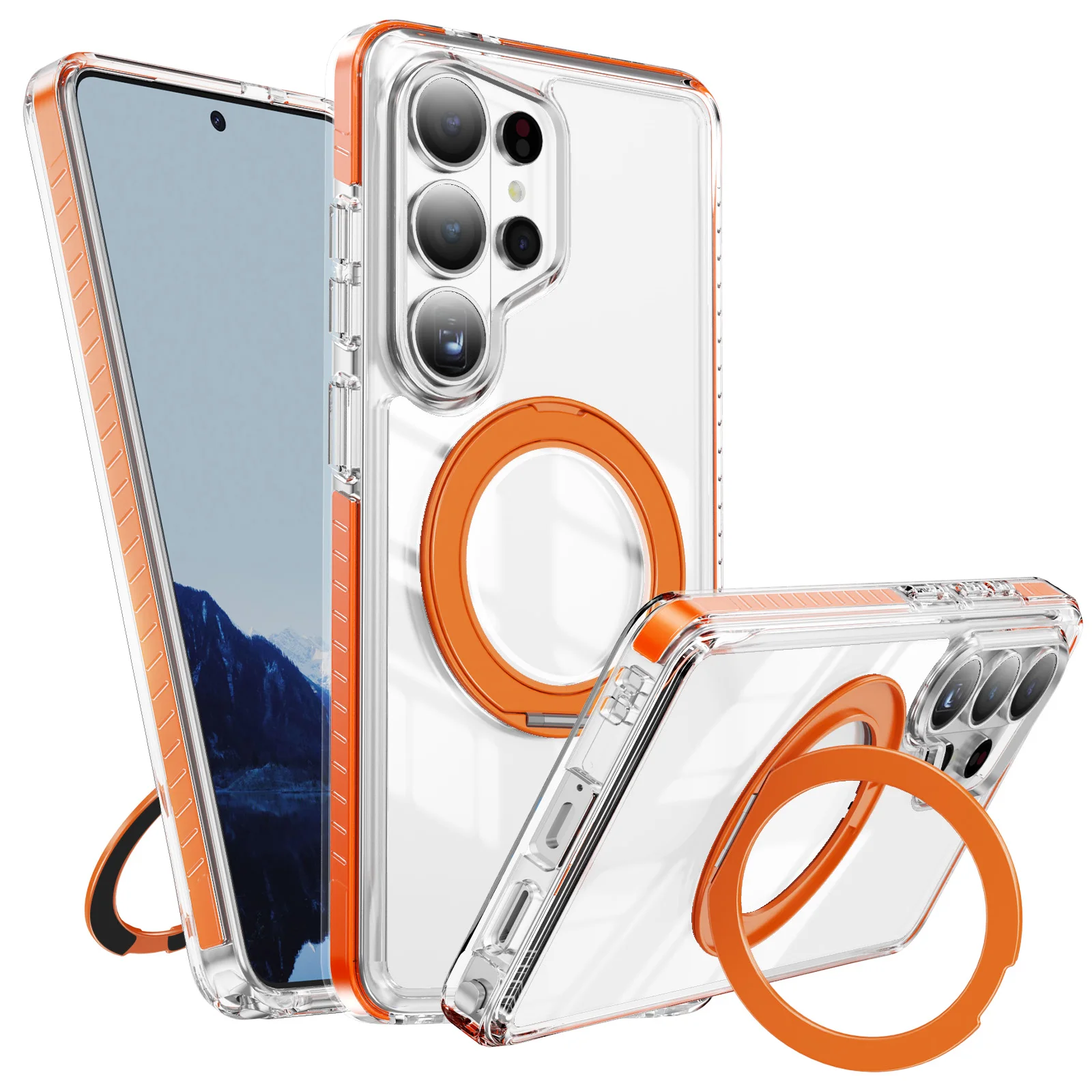 Crystal Shield Gear Rotating Bracket Magnetic Transparent Phone Case, For Samsung S26 S25 S23 Ultra S24 Plus Protective Cover