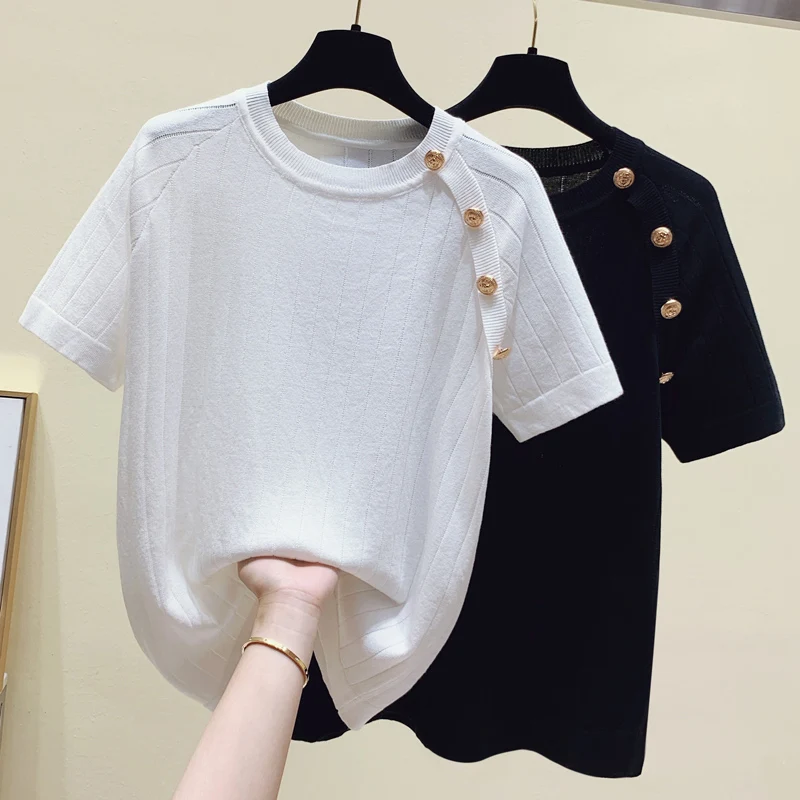 Plus Size 4XL Women Knitting Tops O Neck Short Sleeve Ladies Shirts 2022 Summer Sweaters Female Pullovers Black White Loose Tees