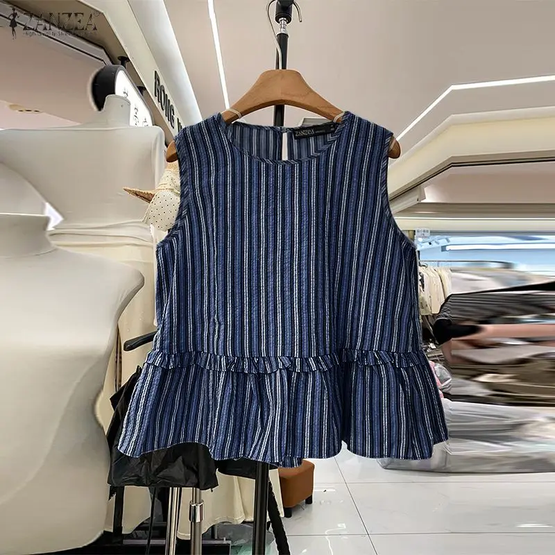 ZANZEA 2026 Sommer Gestreifte Tanktops für Damen O-Ausschnitt mit Rüschenbesatz Lose Ärmellose Tops Lässige Schicke Streetwear Damenkleidung – Detail 7