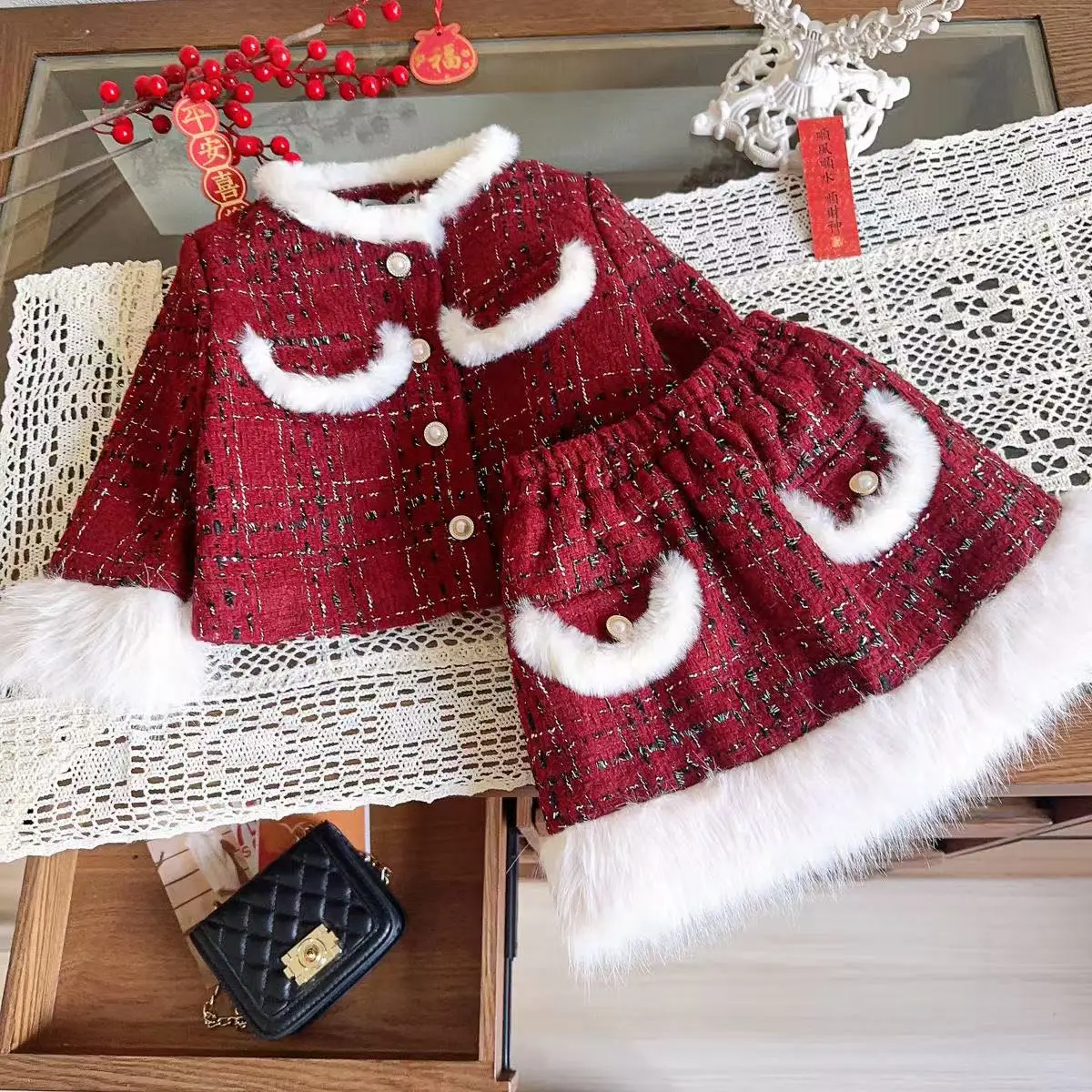 

Girls Autumn and Winter Set Girls' Little Fragrant Style Cotton Jacket and Western Style Girl Baby Coat Half Skirt Two Piece Set