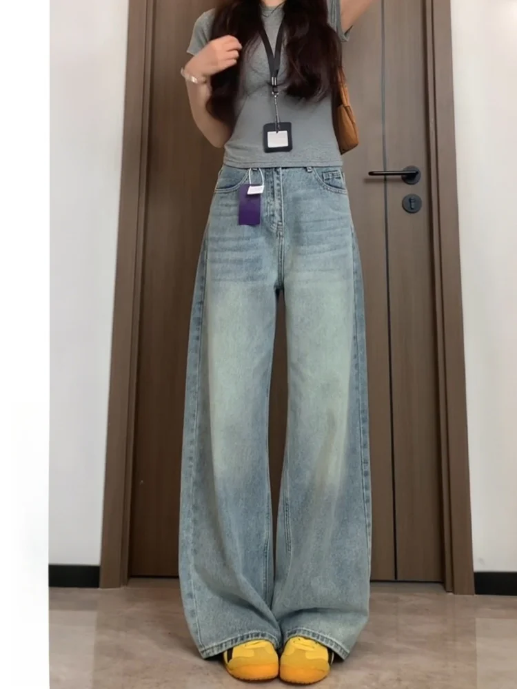 

Большие размеры, американские прямые джинсы, женские весенне-осенние свободные широкие брюки с высокой талией для похудения