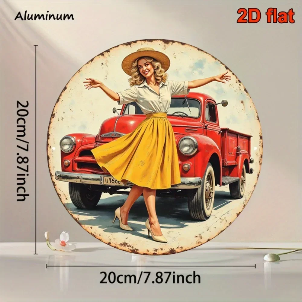 Vintage 1950s Classic Truck Metal Sign, 8x8 Inch Round Aluminum Plaque Retro Americana Home Decor for Bar Cafe Garage