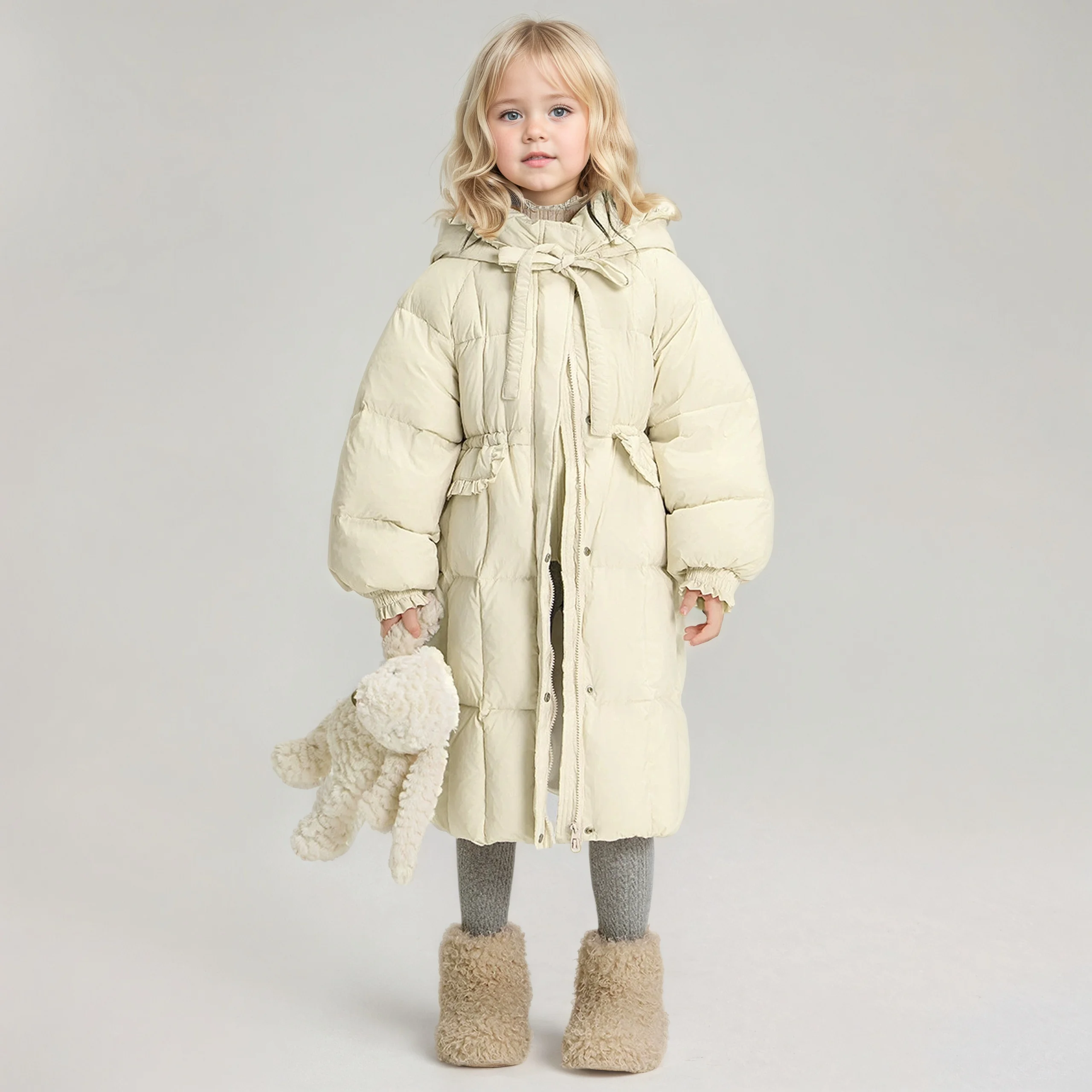 

Новинка зимы 2025 года, однотонный длинный пуховик, зимняя одежда, дизайнерское повседневное теплое пальто с кружевным капюшоном для девочек, 120-160 см