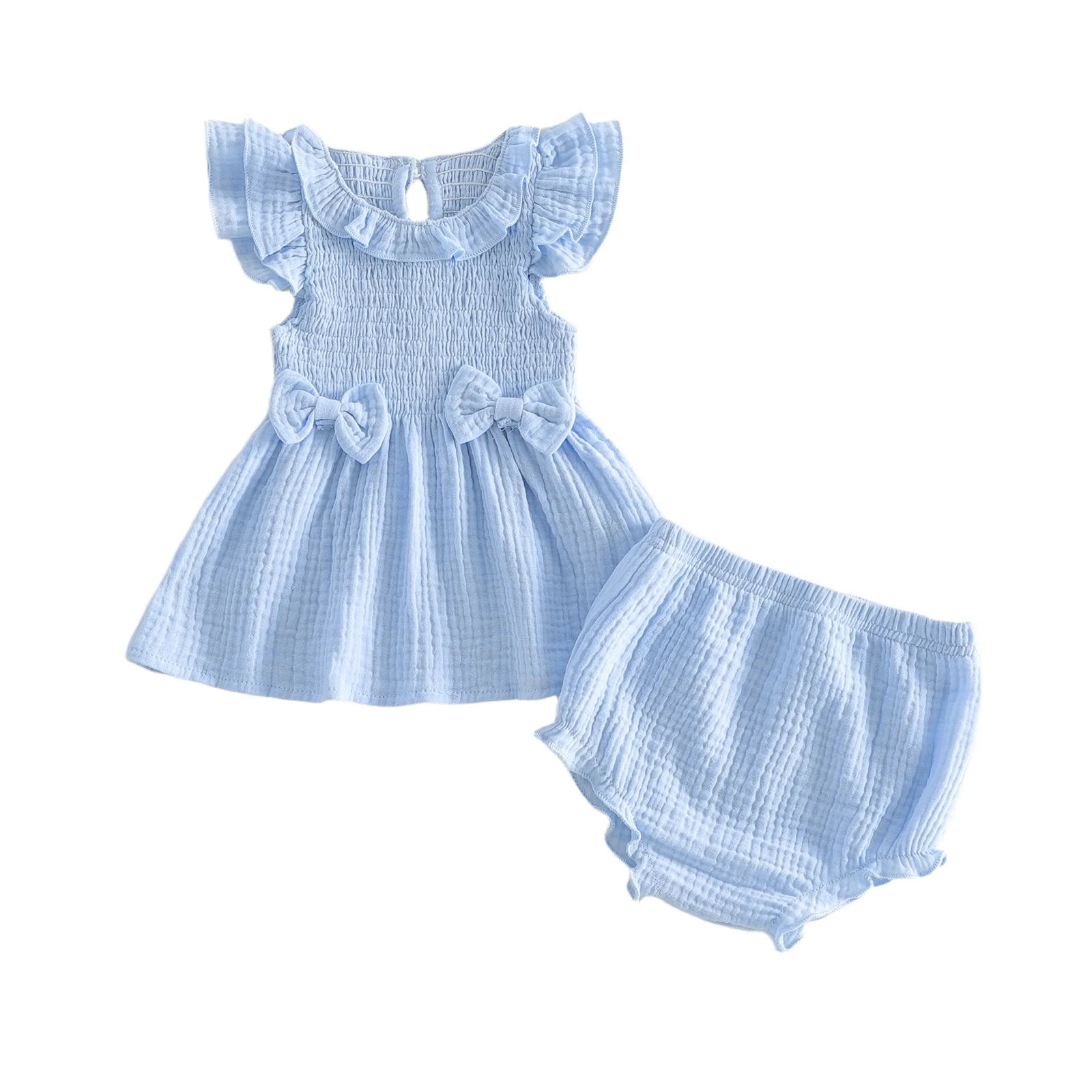 Baby Girls Summer 2 Piece Outfits Adorable Plaid Flying Sleeve Round Neck Smocked Dress and Shorts Set