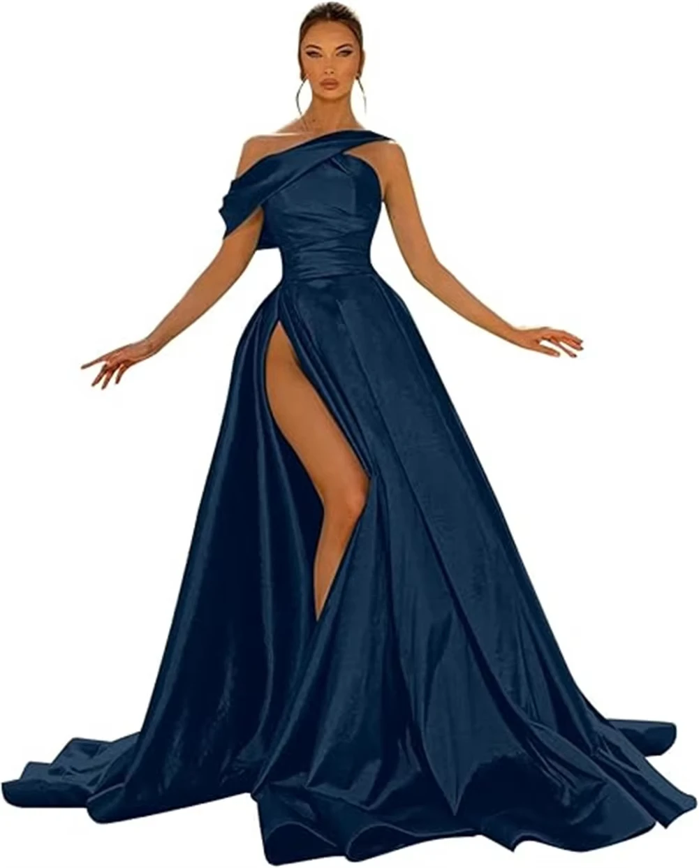 فساتين سهرة زمردية مكشوفة الكتف 2025 من الساتان مطوي برباط على شكل حرف a فتحة جانبية سويب تراين فستان زفاف الضيوف حسب الطلب