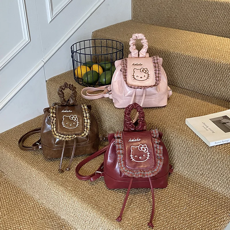 

Новый рюкзак Sanrio HelloKitty с героями мультфильмов, каваи, изысканный рюкзак с рюшами по краям, универсальный модный ретро-рюкзак, модный