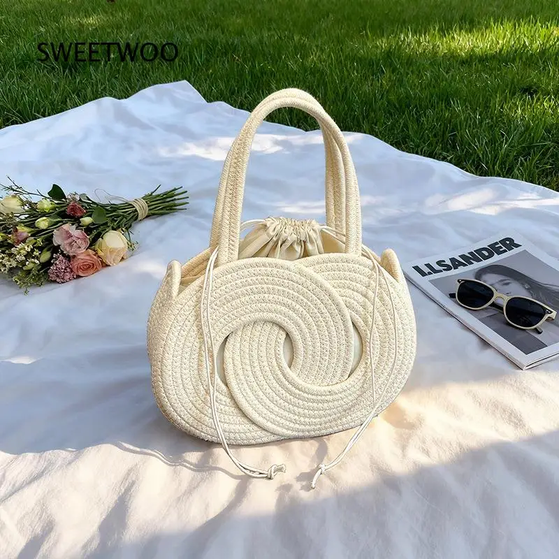Beige Straw Woven Tote Bag Double Circle Hollow Drawstring Pouch Summer Beach Vacation Casual Handheld Shoulder Bag