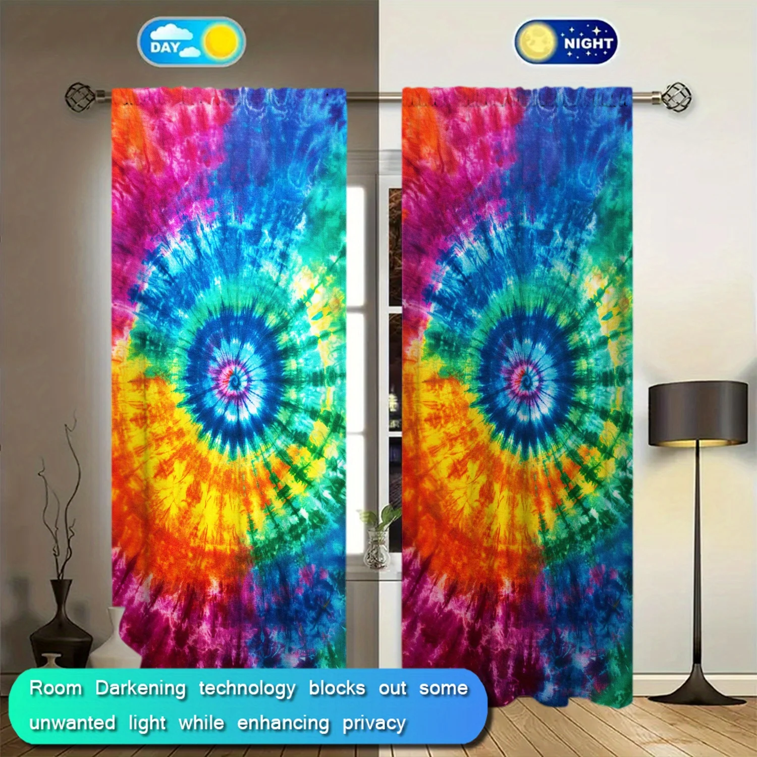 Brilliant Colored Tie-Dye Rod Pocket Window Curtains - Soft All-Season Room Decor for Bedroom Living Room Set of 2 Panels