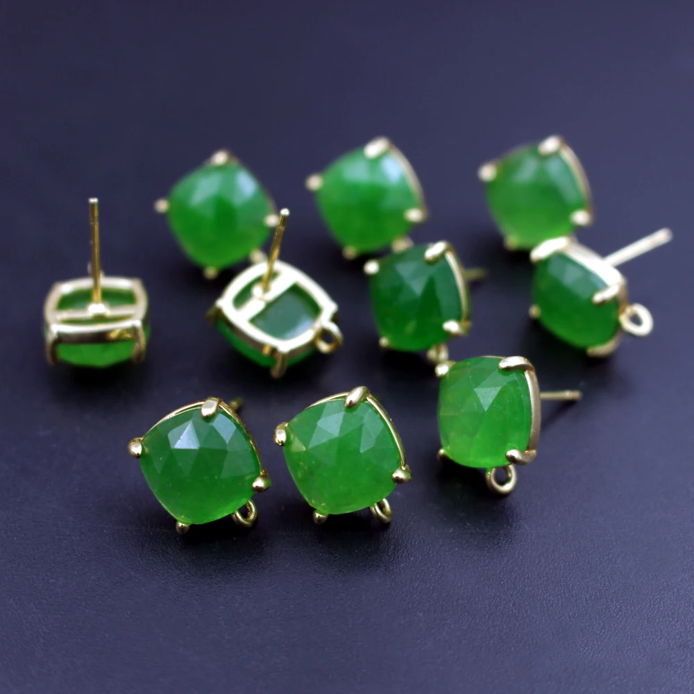 6pair DIY Jewelry Accessories 10mm Square Gold Plated Red Green Jade Stone Rose Quartz Stud Earrings Linker Connectors Findings