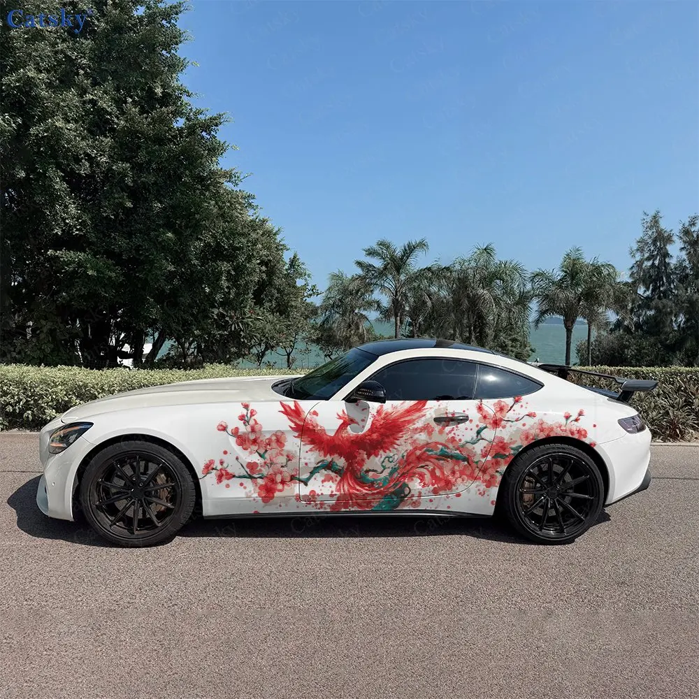 2pcs Phoenix Dancing Sakura Auspicious, Durable, Fade-resistant, Enhance Vehicle Aesthetics With Artistic Design Car Vinyl Wraps