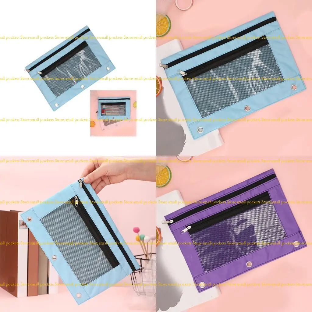 

R1WD Student Pencil Bag File Bag Double Zipper Pencil Case 3 Rings Binders Pen Bag For Organizing School Supplies