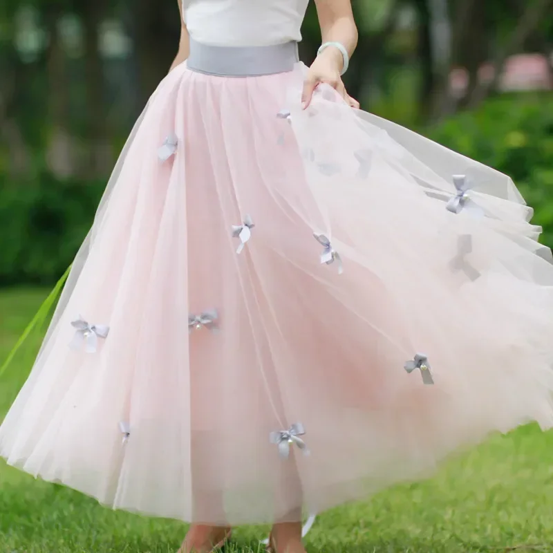 New Handmade Beaded bow pink long yarn skirt Princess fluffy  waist ribbon imported mesh