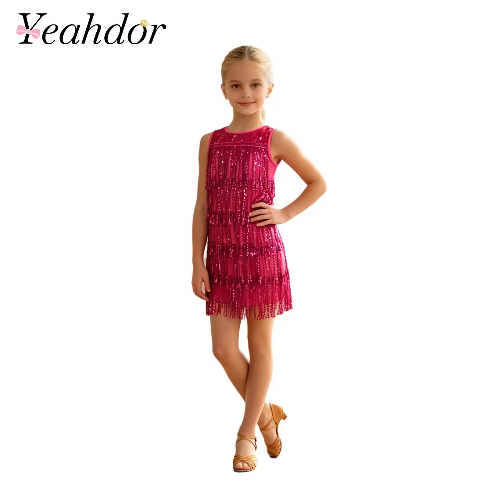 Kids Girls Sparkling Sequin Tassel Latin Dance Dress Round Neck Sleeveless Dress for Salsa Cha-cha Stage Performance Tango