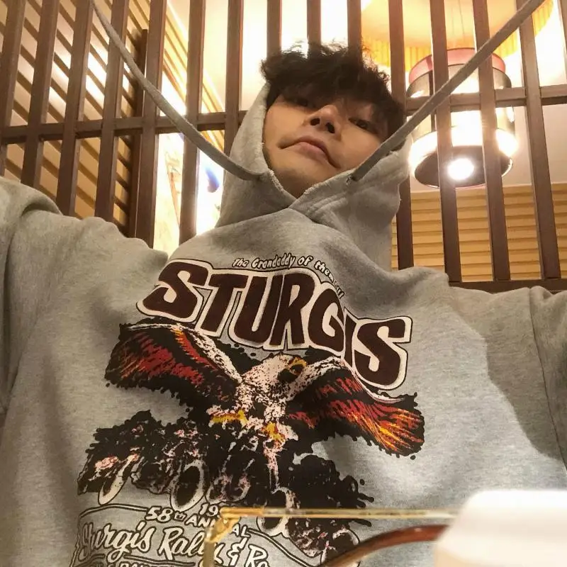 

Толстовка-худи большого размера с принтом орла, на флисовой подкладке, из чистого хлопка, утепленная, для осени и зимы, повседневная одежда