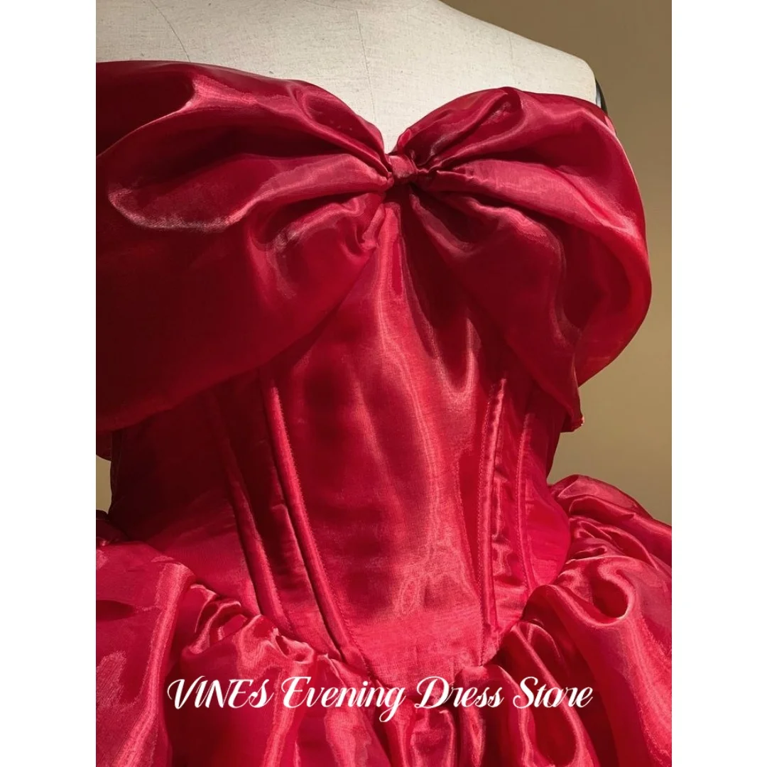 VINES Glam Red Prom Dress Strapless Bow Organza Corset Ruffle High-Low Ball Gown Mini Evening Dress For Women Girls Customized
