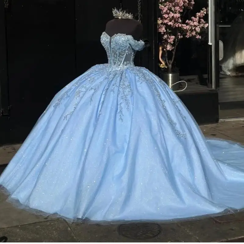 AA155 Customized Ice Blue Sweet 16 Year Girl Birthday Party Dresses Applique Puffy Prom Gown vestidos de 15 quinceañera 2024