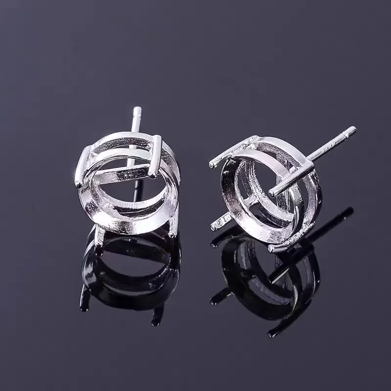 Simple 925 Silver Earrings Settings Round Semi Mount Gemstone Stud Earrings Tray Setting Allergy Free Gold Plated Jewelry