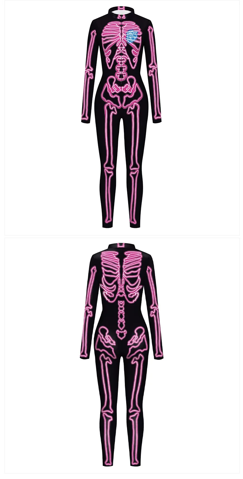 Karneval Halloween Party Fluoreszierender Skelett-Druck Damen Sexy Jumpsuit Cosplay Kostüme Ausgefallener Totenkopf-Bodysuit Mujer 2026 – Detail 24
