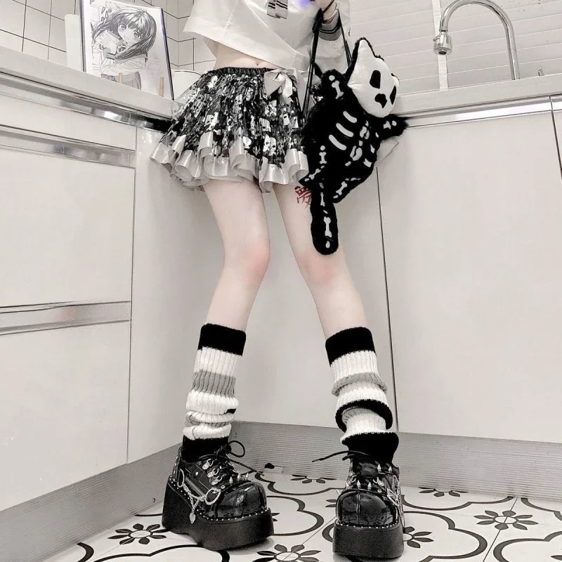 女性用ニットレッグウォーマー、甘いjkロリータゴシックストライプレッグカバー、フットカバー、アームアンクルウォーマーレギンス、スラウチソックス、y2k、40cm