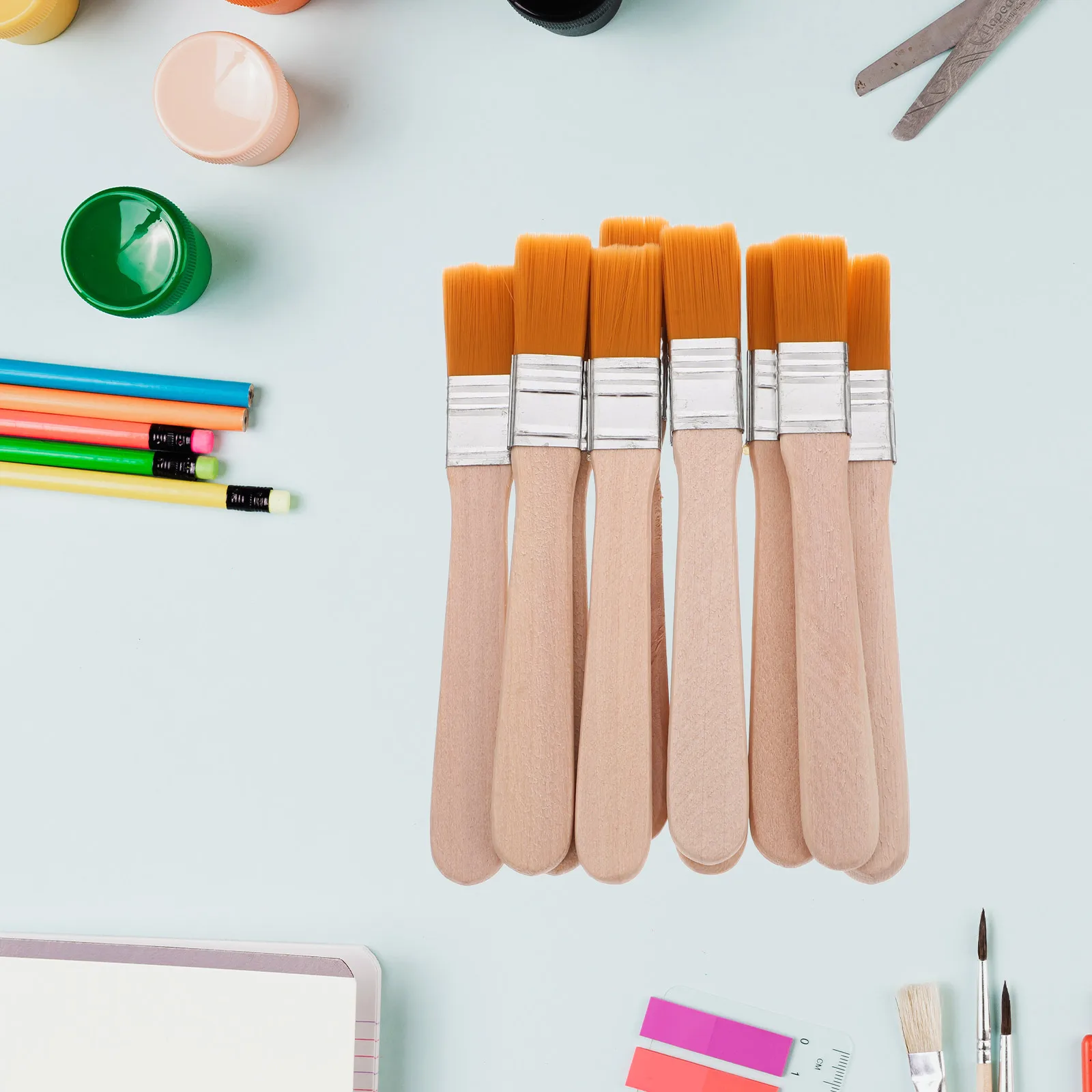 

10 Pcs Nylon Head Painting Brushes Wooden Handle Flat Artist Multi Use Craft Tools Easy Clean Versatile Art Paint