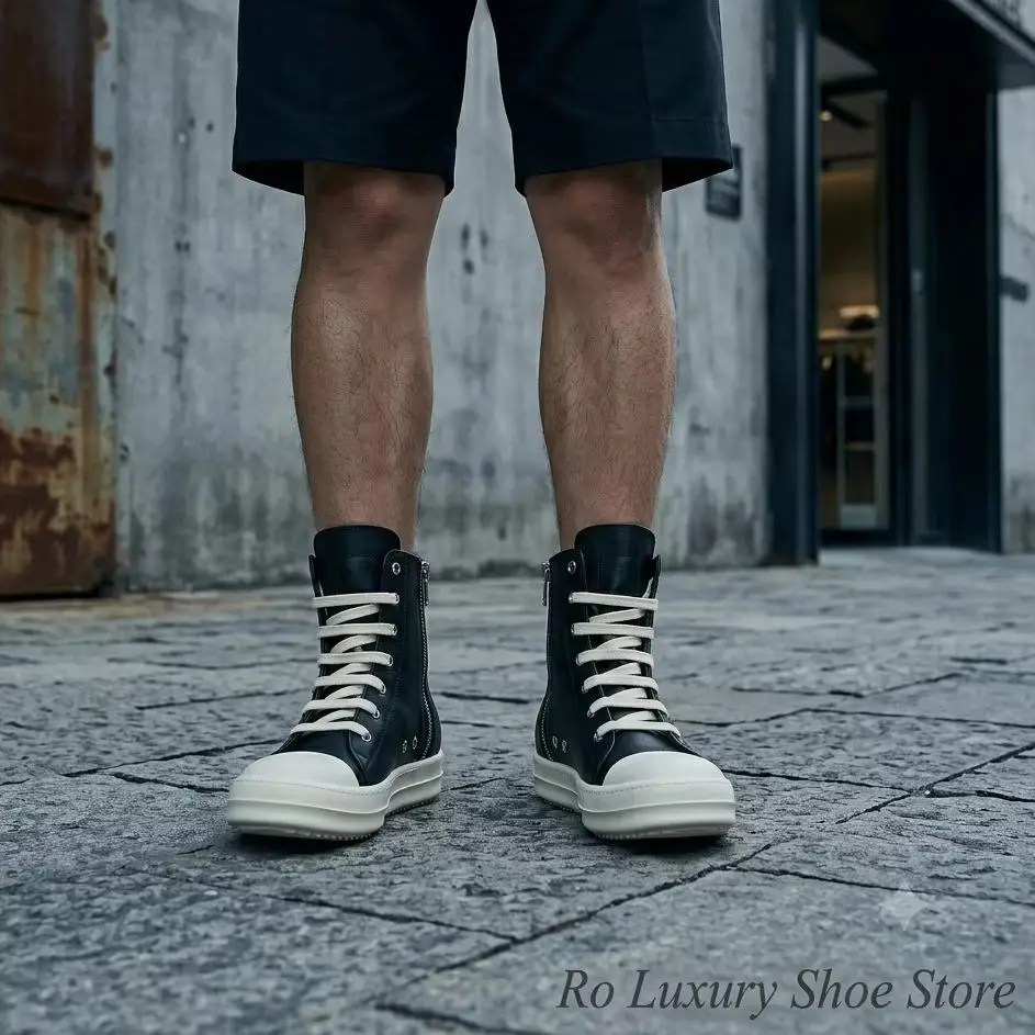 Brand Leather Men Shoe, Luxury Women Sneaker, Black Zipper Retro Platform Flats, Classic Quality Handmade High Top Trainer