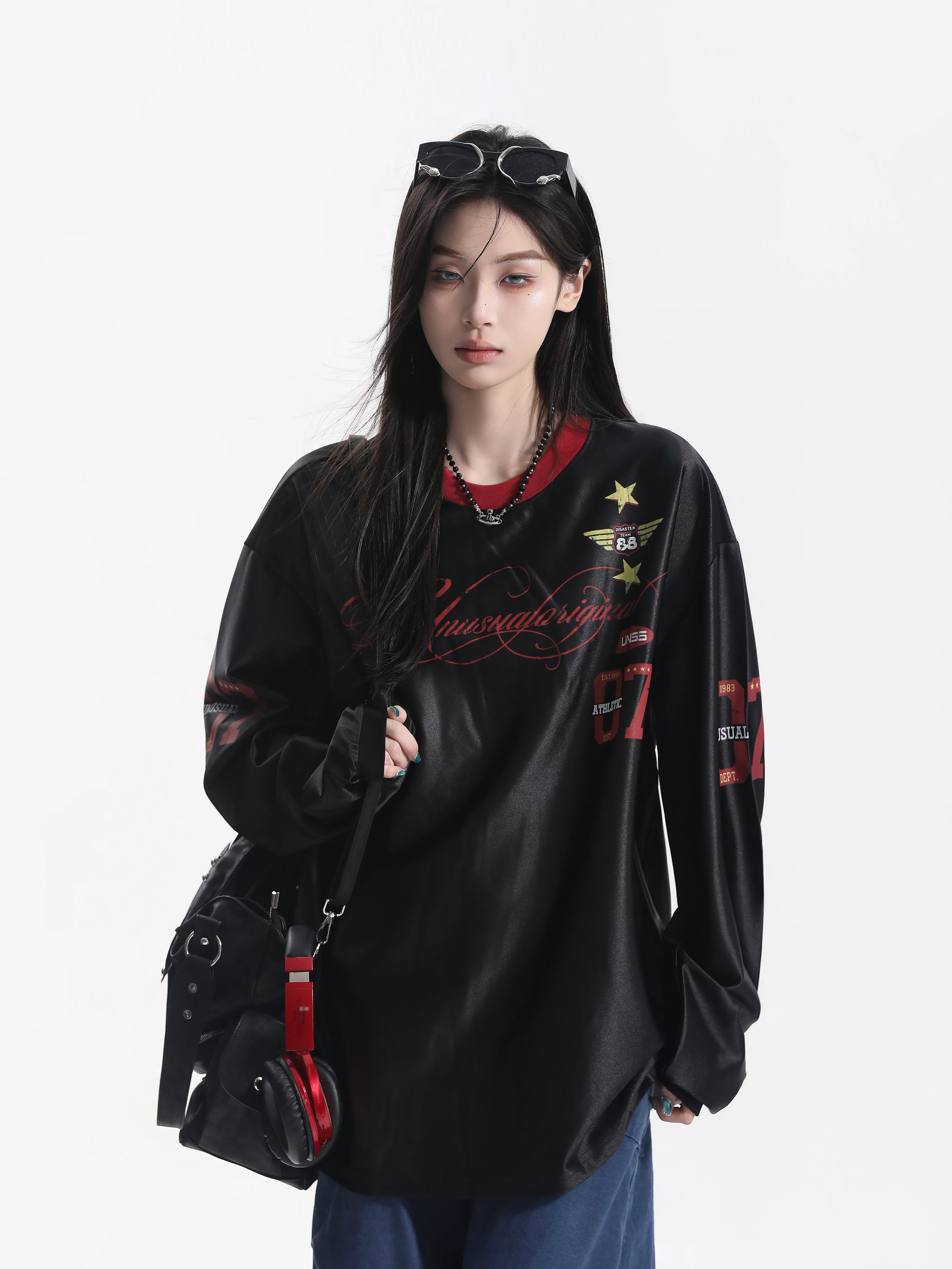 Retro American Couple Matching Long Sleeve T-Shirt with Printed Floral Body Text Contrast Color Sports Style Casual Top