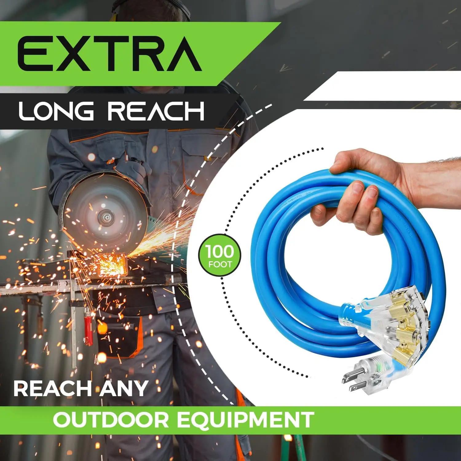 Extension Cord 100 Feet 10/3-3 Triple Outlet Ultra Heavy Duty SJEOW Extreme Weather Outdoor/Indoor - 10 Gauge 3 Prong