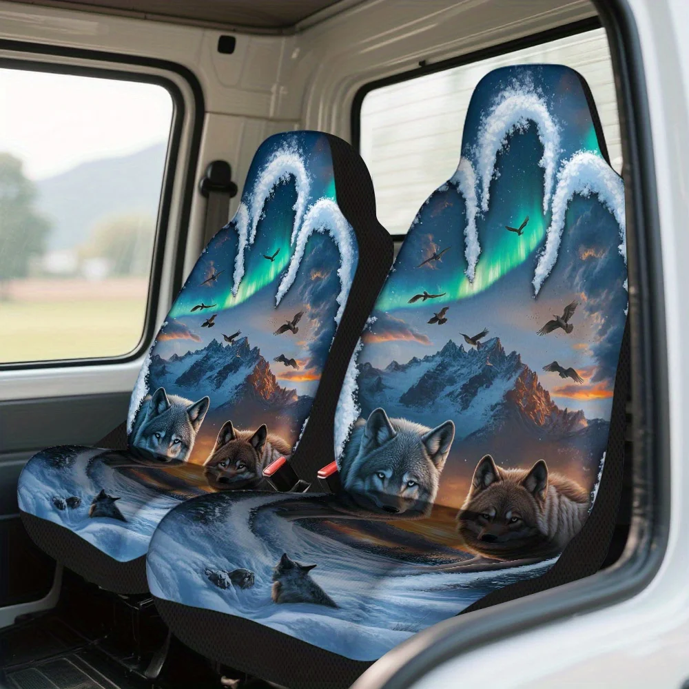 2pcs Winter Wildlife Car Seat Covers - Arctic Wolf & Northern Lights Design, Durable Polyester Front Seat Protectors, Easy Insta