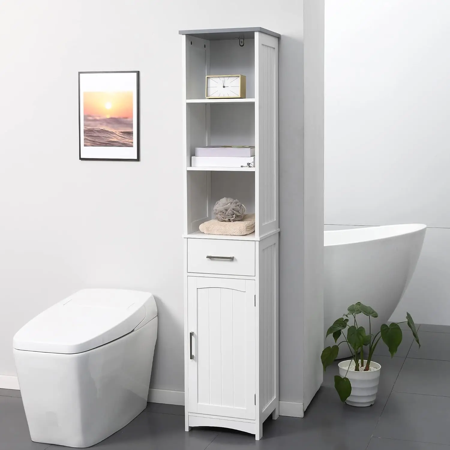 

Tall Narrow Bathroom Storage Cabinet 3 Tier Drawer Adjustable Shelves Slim Freestanding Linen Tower White, Customized