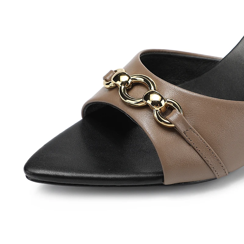 Pointed genuine leather mid heeled slippers for women's metal ring opentoe shoes Summer luxury brand dresspaired with sexy mules