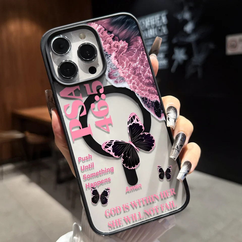 Funda protectora magnética transparente de estilo ins con ola rosa y mariposa, eslogan inspirador, compatible con iPhone 11-17 Pro/Pro Max/Plus/Air y Samsung S23/S24/S25 Plus/Ultra, carga inalámbrica magnética fuerte, universal para accesorios magnéticos 2