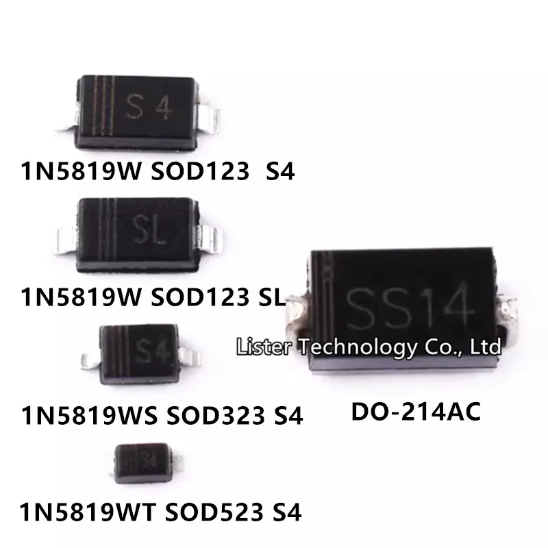 100PCS 1N5819 S4 SL 1N5819W SOD-123 1N5819WS SOD-323 1N5819WT SOD-523 SS14 DO-214AC B5819W B5819WS B5819WT 1206 0805 0603 SMA