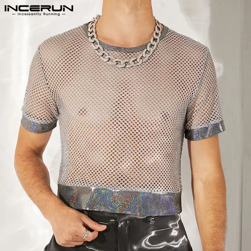 INCERUN Men T Shirt Mesh Patchwork See Through O-neck Short Sleeve Sexy Crop Tops Streetwear Party Nightclub Casual Camisetas