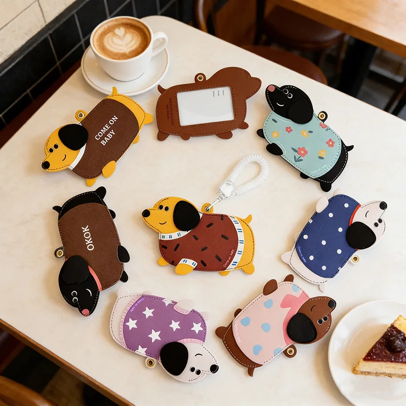 Cute Dachshund Dog Card Holder PU Leather Cartoon Sausage Dog ID Badge Card Case With Spring Coil Keychain Lovely Animal Card