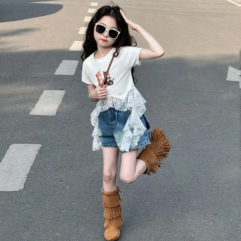 summer 2 4 6 8 10 12 cotton baby girls short sleeved T-shirts kids stylish irregular lace patchwork top tee children clothes