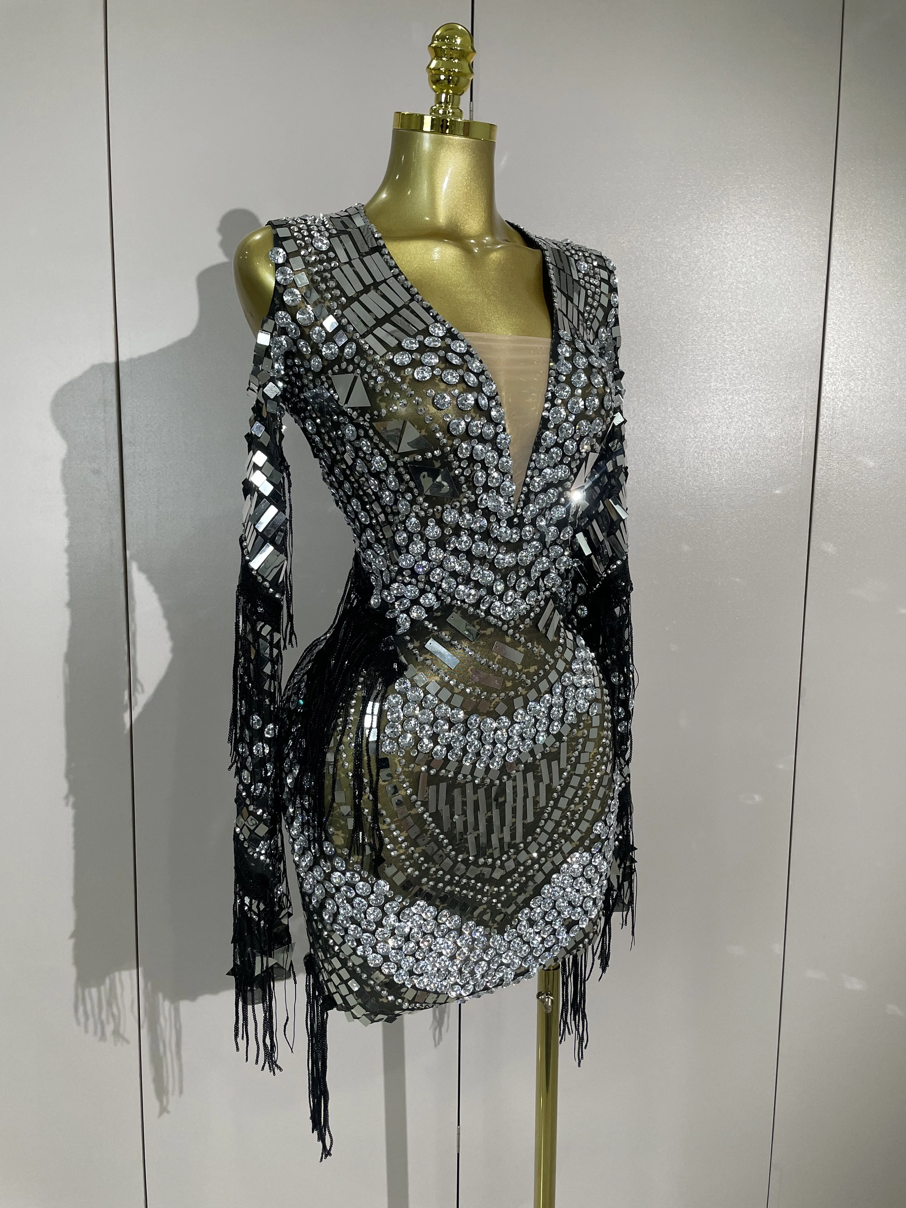 Sparkly Diamonds Sequin Tassels Long Sleeves Sheer Mini Dress Evening Party Luxury Birthday Sexy Mesh Nightclub Photo Shoot Wear