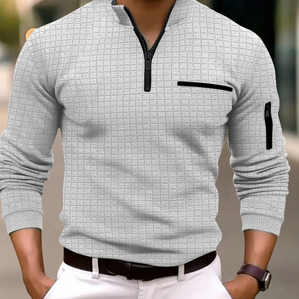 Spring autumn men's golf POLO shirt stand collar checkerboard arm zipper pocket fashion sports long-sleeved polo shirt top