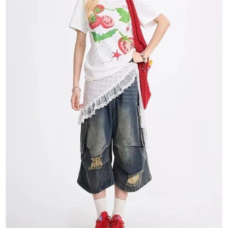 Summer Women's Loose Wide Leg Distressed Denim Shorts Isex Baggy Calf-length Trousers High Waist Pants Female Cargo Streetwear