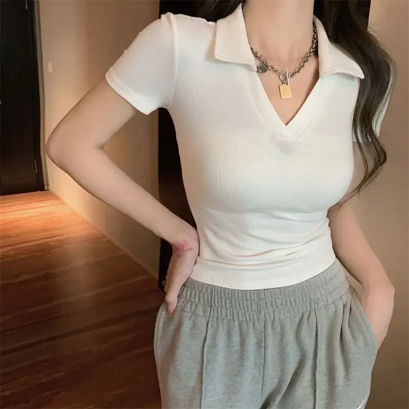 Polo Neck Shirt for Women White Plain Slim Woman T High Quality Pulovers Korean Style Youthful Elegant Y2k Fashion Summer 2024