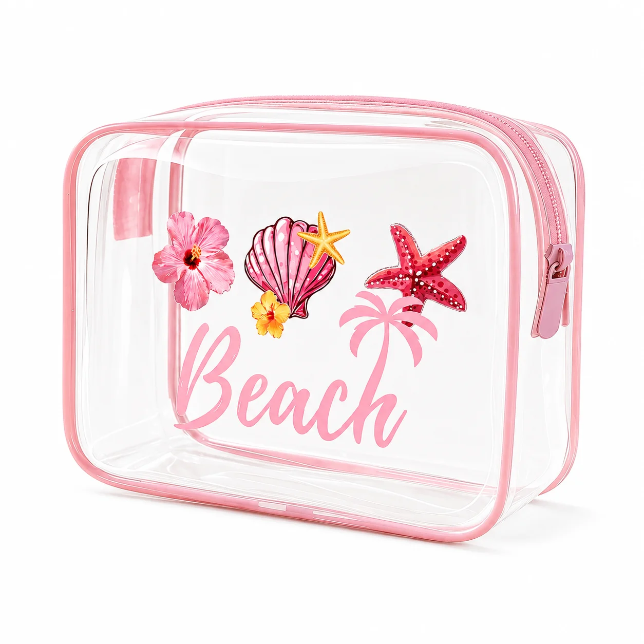 Clear Makeup Bag Transparent Pink Zipper Cosmetic Organizer for Toiletries Skincare Beach Vacation Women Beauty Travel Essential