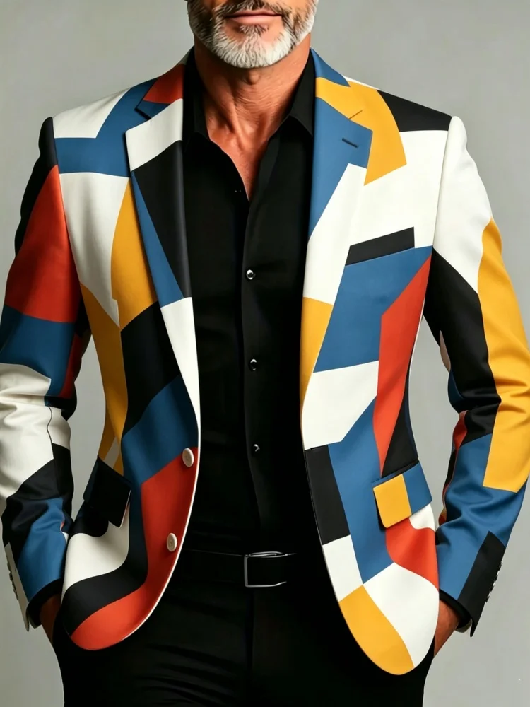 Men's Plus Size Multi Color Irregular Shape Color Block Single Breasted Two Button Formal Suit Coat