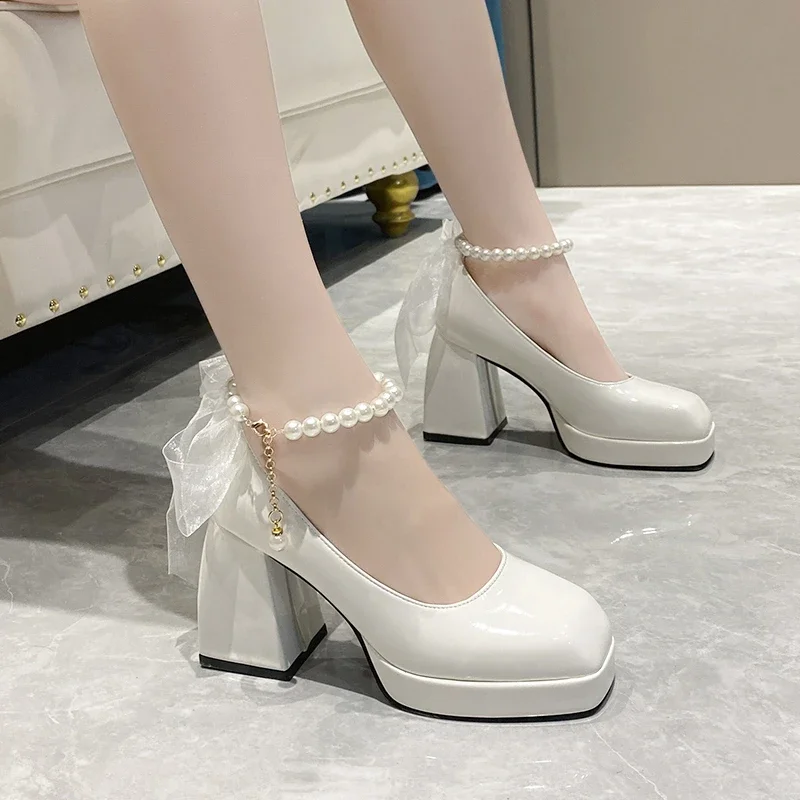 Ladies High Heels Elegant Bow Square Toe Black Fashion Women\'s Pumps Thick Heel Wedding Party Pearl Lace Wedding Shoes for Women