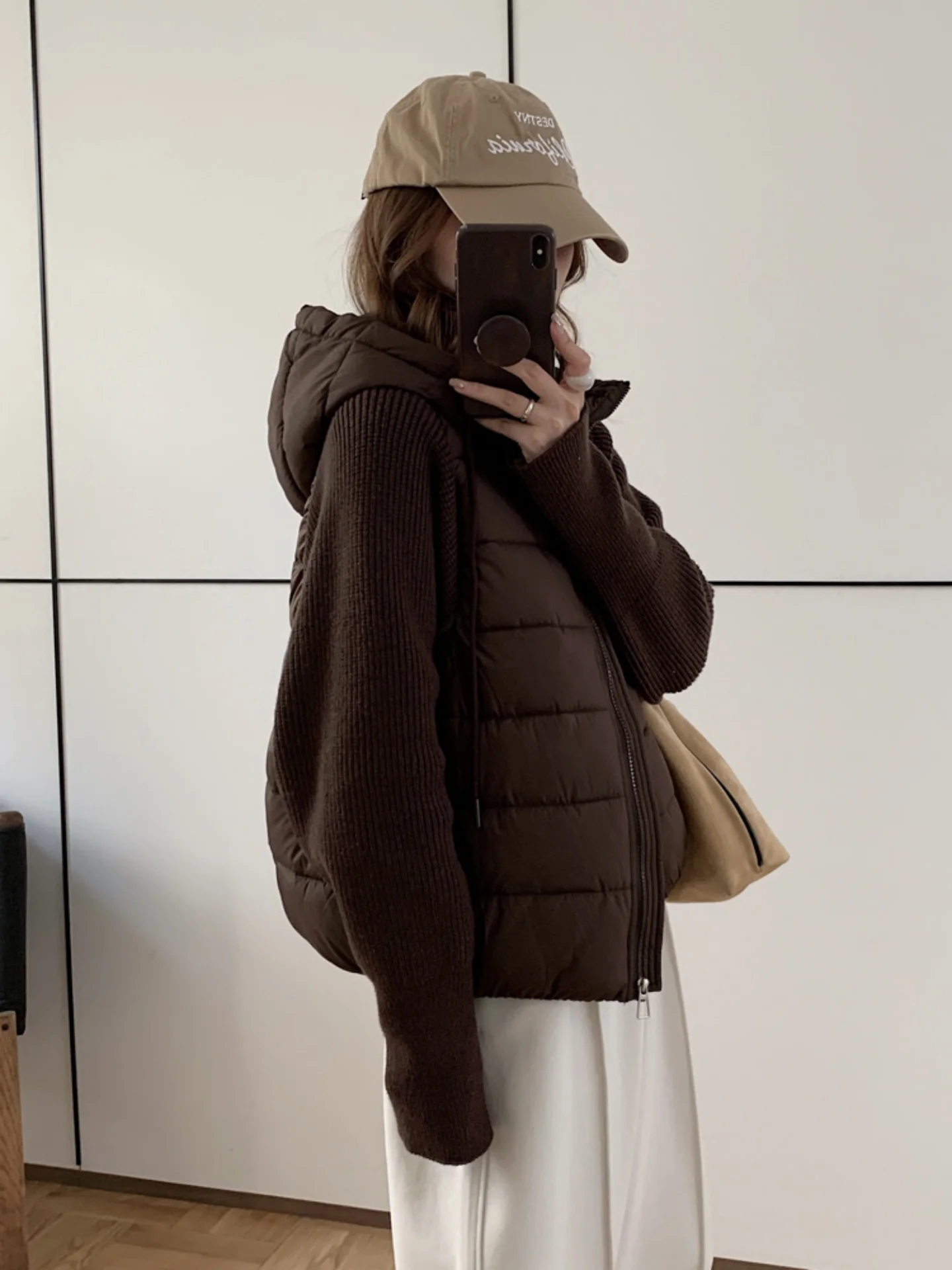 Women's Winter Cotton Jacket Korean Style Patchwork Knitted Sleeve down Cotton Coat Short Size Fake Two-Piece Outerwear
