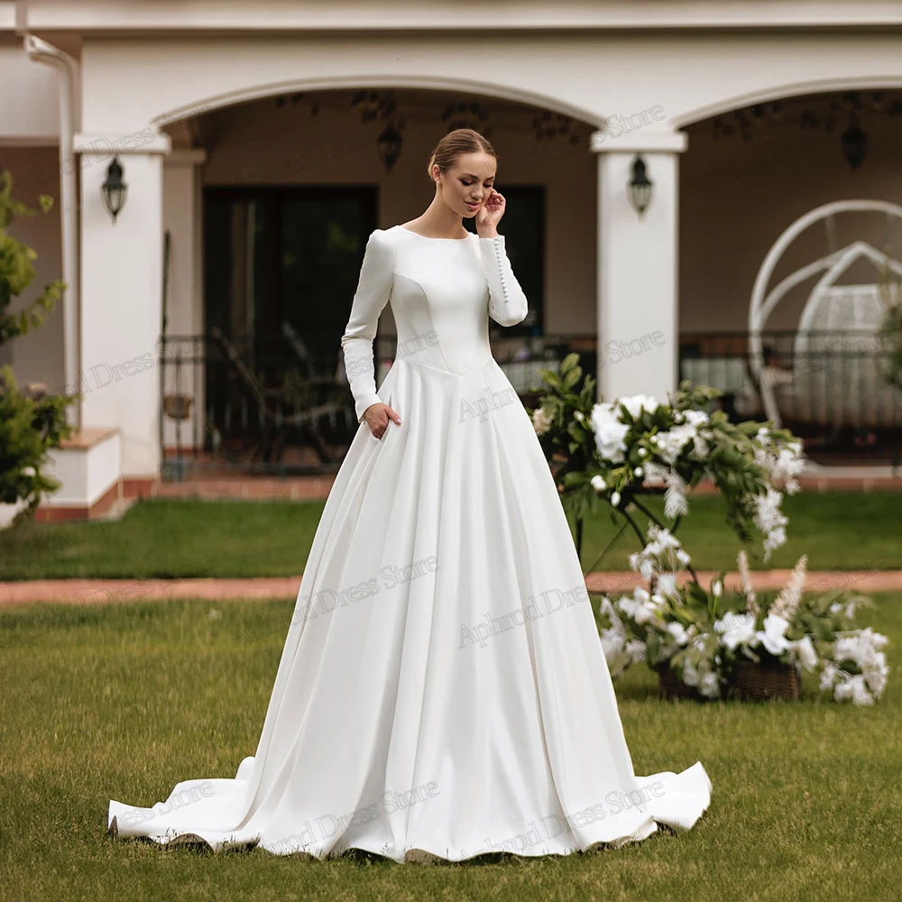 Skromne suknie ślubne w kształcie litery A, eleganckie suknie ślubne, szaty muzułmańskie, pełne rękawy, olśniewające, Vestidos De Novia 2026, szyte na miarę 2025