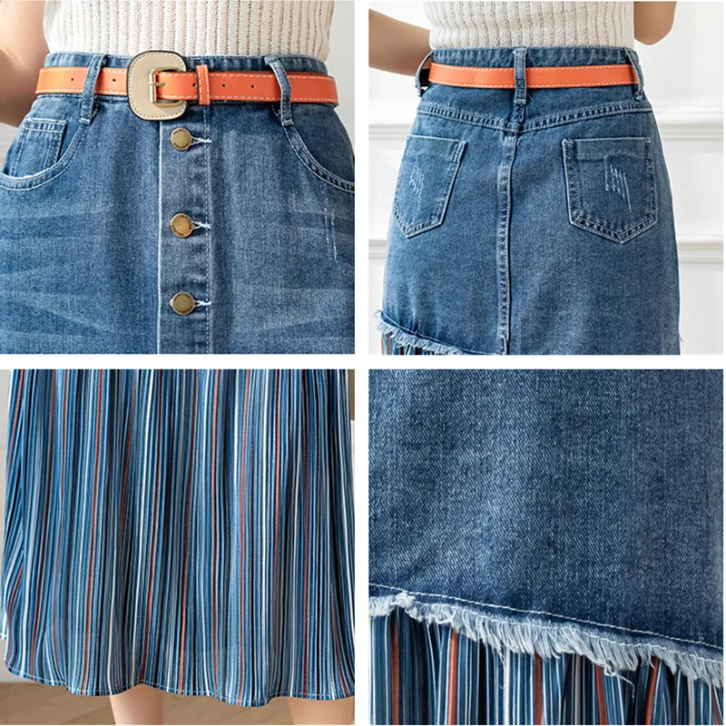 High Qulaity Slim Blue Denim Chiffon Patchwork Buttons+Belt Long Pleated Skirts S-2XL Jeans Skirts Female