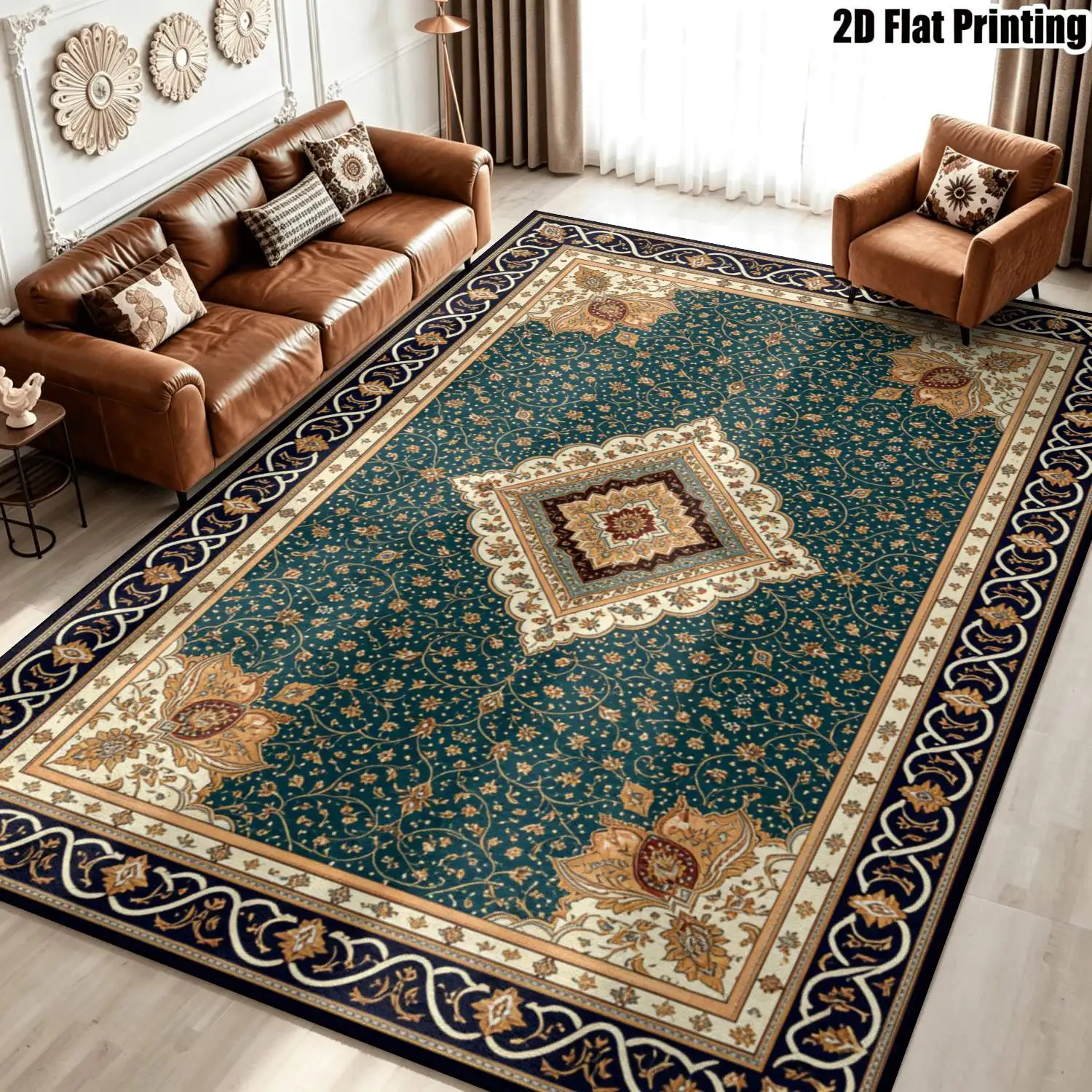 1Pc 2D Printed Retro Scroll Dark Green Carpet: European, Retro Light Luxury Decor, Home Use, Multi-Size, Machine Washable, for Entrance, Dining, Foyer, Bedroom, Study, Living Room