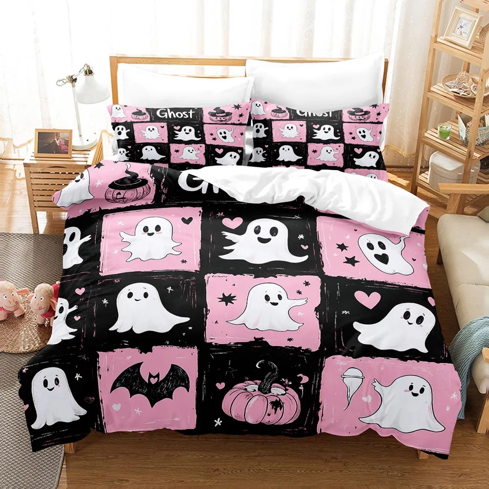

Pink Cute Halloween Bedding Set Featuring JackOLanterns Ghosts Wizard Hats Skulls Duvet Cover Ignite The Spirit Of The Season