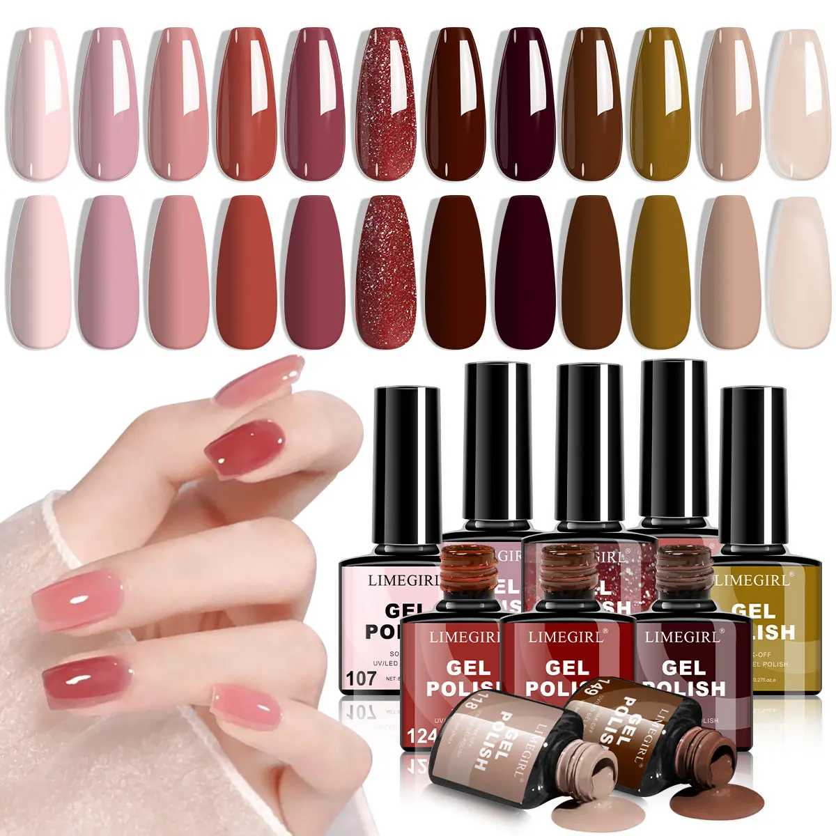 

LIMEGIRL 12 шт., набор гель-лаков для ногтей, блестящий розовый полуперманентный замачиваемый лак для дизайна ногтей, светодиодный УФ-гель-лак, набор принадлежностей для ногтей